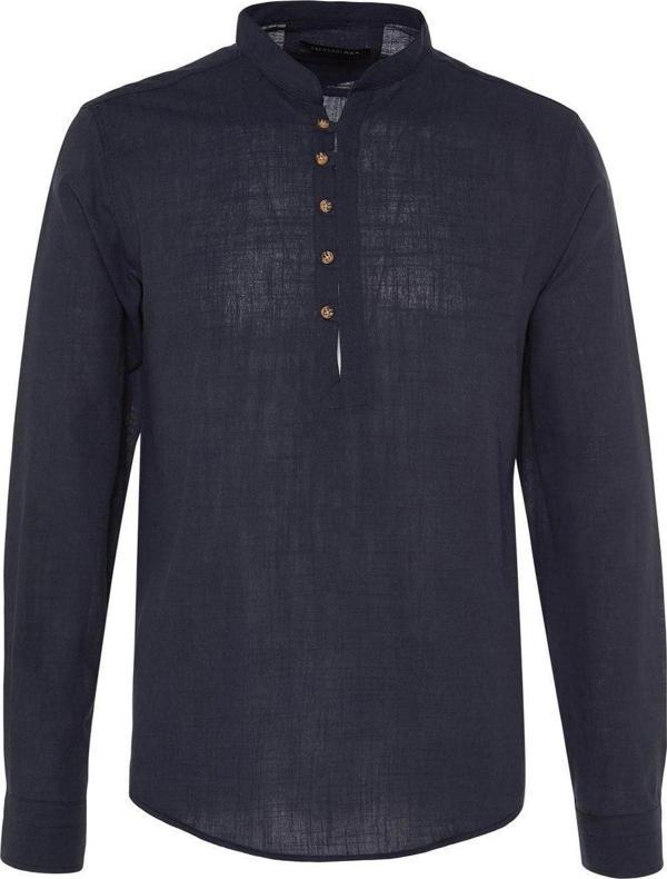 Moda Erkek Hakim Yaka Düz Desen Günlük Yarım Patlı Düğmeli Hakim Yaka Yeni Gömlek - Image 1