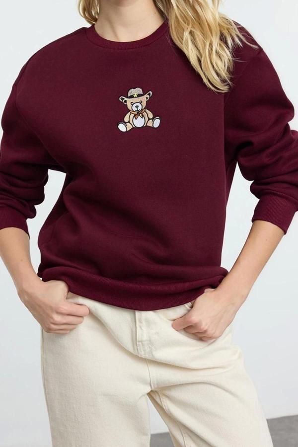 Tarz Relaxed Bisiklet Yaka Düşük Kol Regular Rahat Kalıp Nakışlı Kalın Örme Sweatshirt - Image 1