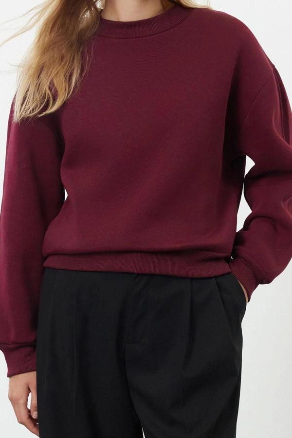 Tarz Relaxed Dik Yaka Düşük Kol Regular Kalın İçi Polarlı Rahat Kalıp Örme Sweatshirt - Image 1
