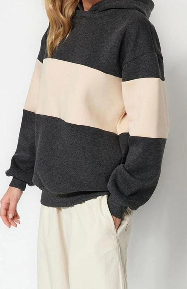 Tarz Bol Kapüşonlu Düşük Kol Uzun Kalın İçi Polarlı Geniş Kalıp Örme Sweatshirt - Image 1