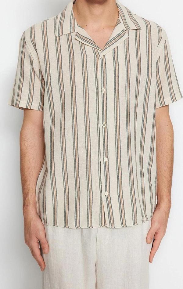 Moda Erkek Gömlek Yaka Çizgili Desen Günlük Premium Regular Fit Çizgili Gömlek - Image 1