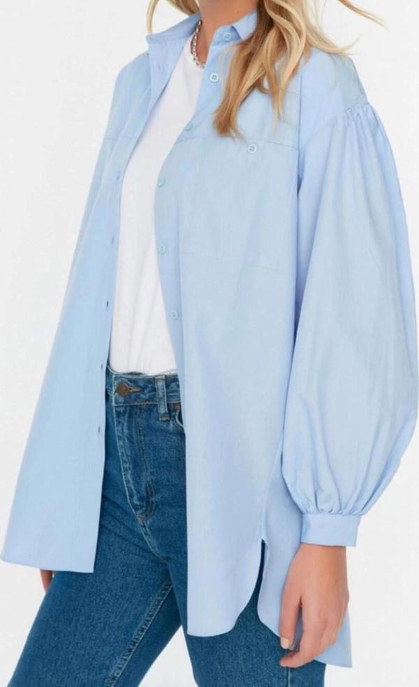 Moda Kadın Tesettür Gömlek Yaka Günlük Balon Kol Arkası Uzun Cep Detaylı Basic Dokuma Gömlek - Image 1