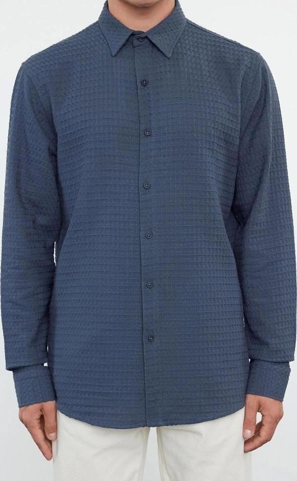 Moda Erkek Gömlek Yaka Düz Desen Günlük Waffle Dokulu Pamuklu Regular Fit Gömlek - Image 1