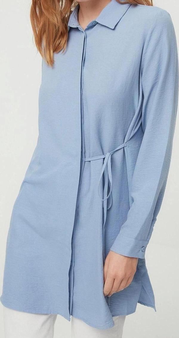 Moda Kadın Tesettür Gömlek Yaka Düz Desen Günlük Beli Bağlamalı Dokuma Aerobin Gömlek - Image 1