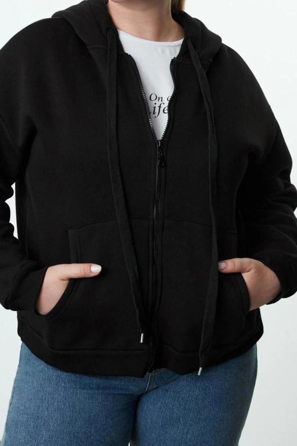 Büyük Beden Oversize Kapüşonlu Düşük Kol Regular İçi Polarlı Önü Fermuarlı Örme Sweatshirt - Image 1