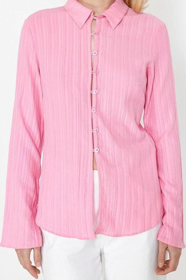 Moda Kadın Gömlek Yaka Düz Desen Günlük Dokulu Fitted Bele Oturan Dokuma Gömlek - Image 1