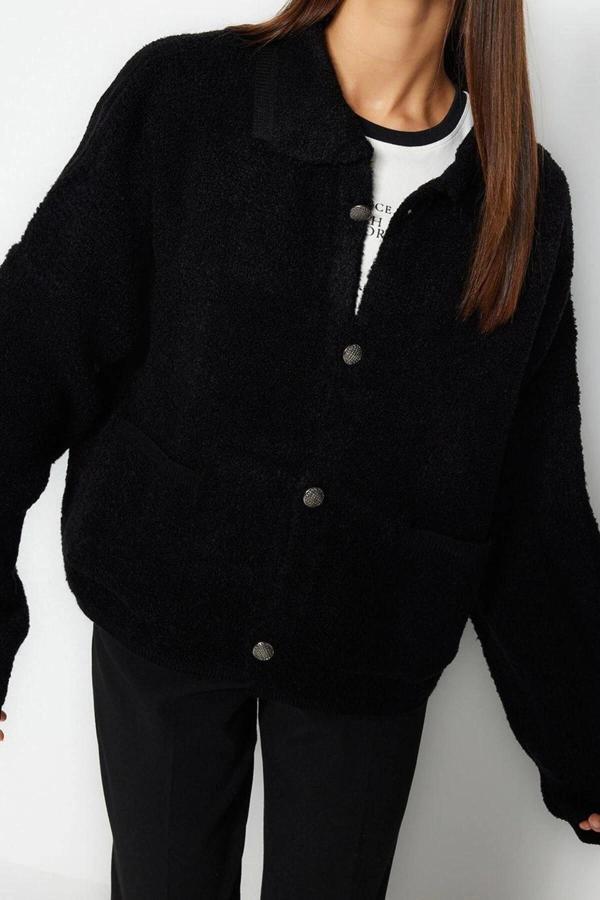 Kadın Modern Tarz Oversize Polo Yaka Regular Triko Hırka - Image 1