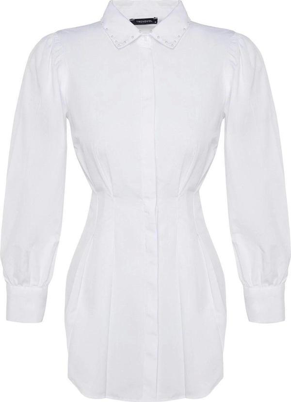 Moda Kadın Tesettür Gömlek Yaka Düz Desen Günlük Belden Oturan İnci Detaylı Dokuma Gömlek - Image 1