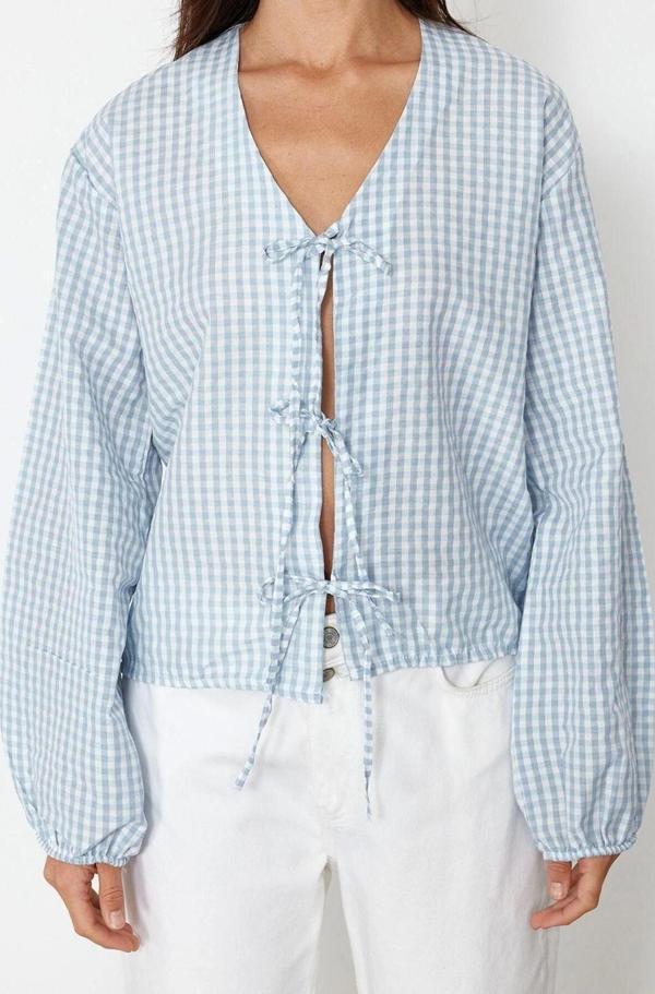 Moda Kadın Bisiklet Yaka Düz Desen Günlük Fitted Dokuma Gömlek - Image 1