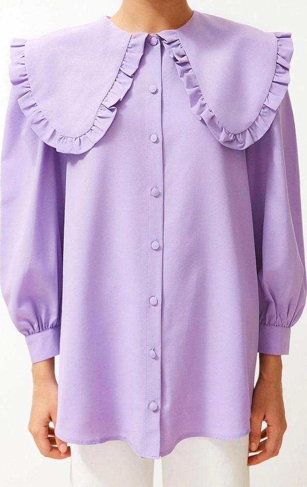 Moda Kadın Tesettür Bebe Yaka Düz Desen Günlük Bebe Yaka Pamuklu Dokuma Gömlek - Image 1