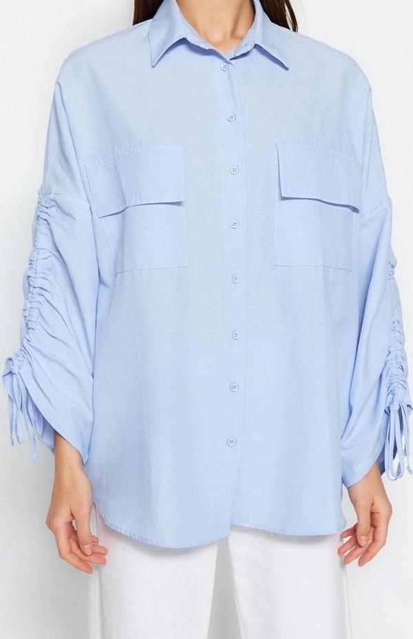 Moda Kadın Tesettür Gömlek Yaka Günlük Kolları Ayarlanabilir Büzgü Detaylı Dokuma Pamuklu Gömlek - Image 1