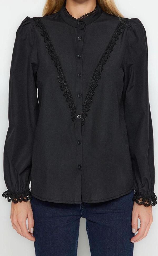 Moda Kadın Dik Yaka Düz Desen Günlük Dantelli Pamuklu Regular Normal Kalıp Dokuma Gömlek - Image 1