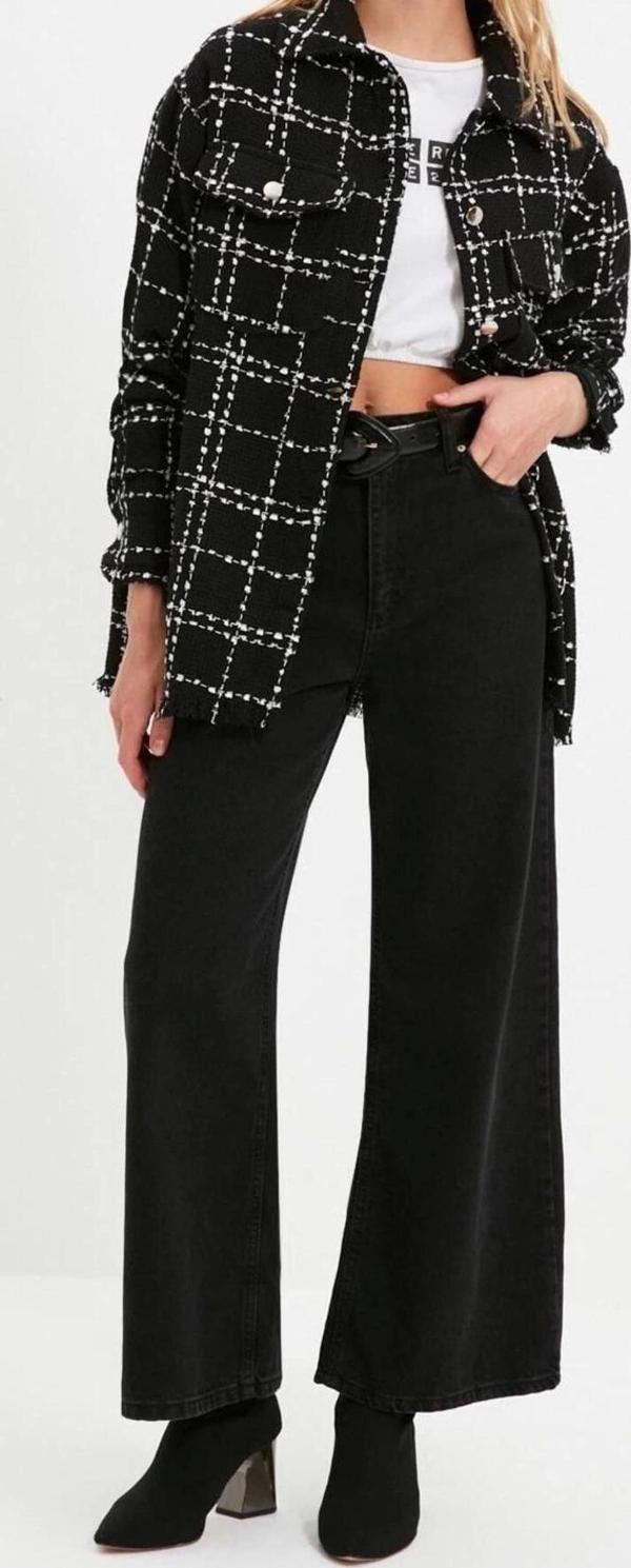 Moda Kadın Gömlek Yaka Geometrik Desen Günlük Ekose Cep Detaylı Tüvit Dokuma Ceket Gömlek - Image 1