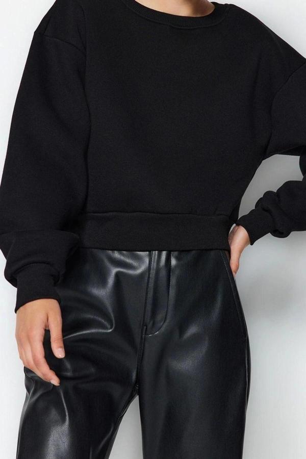 Tarz Crop Dik Yaka Düşük Kol Crop Rahat Kesim Crop Basic Kalın İçi polarlı Örme Sweatshirt - Image 1