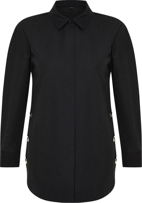 Moda Kadın Tesettür Gömlek Yaka Düz Desen Günlük Düğme Aksesuar Detaylı Pamuklu Dokuma Gömlek - Image 1