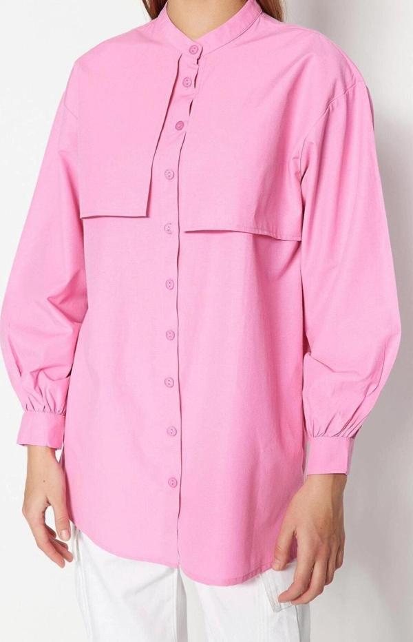 Moda Kadın Tesettür Hakim Yaka Düz Desen Günlük Dokuma Pamuklu Gömlek - Image 1