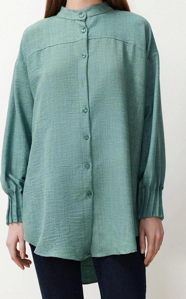 Moda Kadın Tesettür Hakim Yaka Düz Desen Günlük Keten Aerobin Oversize Dokuma Gömlek - Image 1