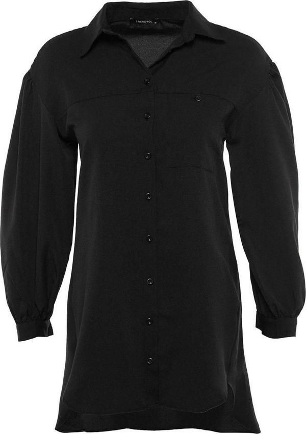 Moda Kadın Tesettür Gömlek Yaka Günlük Balon Kol Arkası Uzun Cep Detaylı Basic Dokuma Gömlek - Image 1