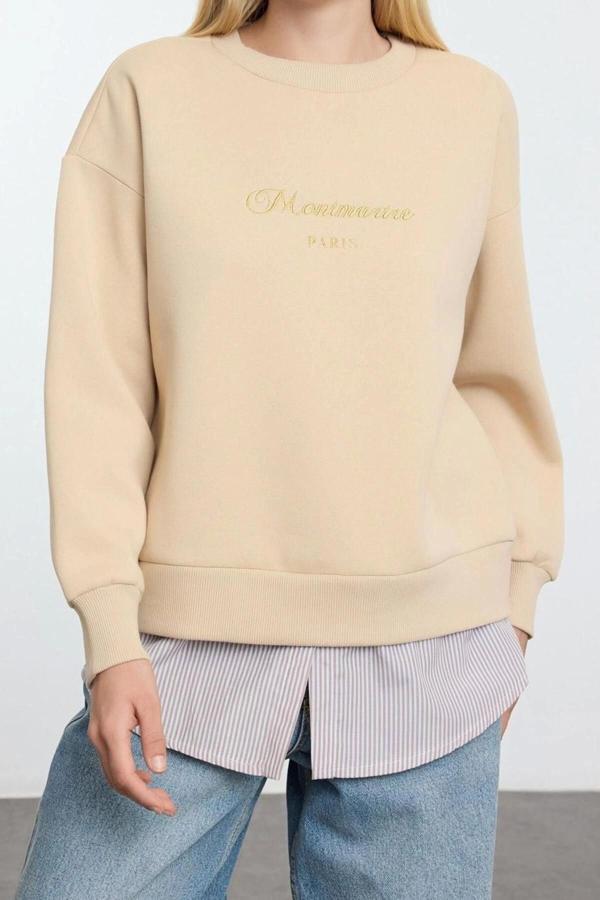 Relaxed Bisiklet Yaka Düşük Kol Uzun Slogan Baskılı ve Poplin Rahat Kalıp Örme Sweatshirt - Image 1
