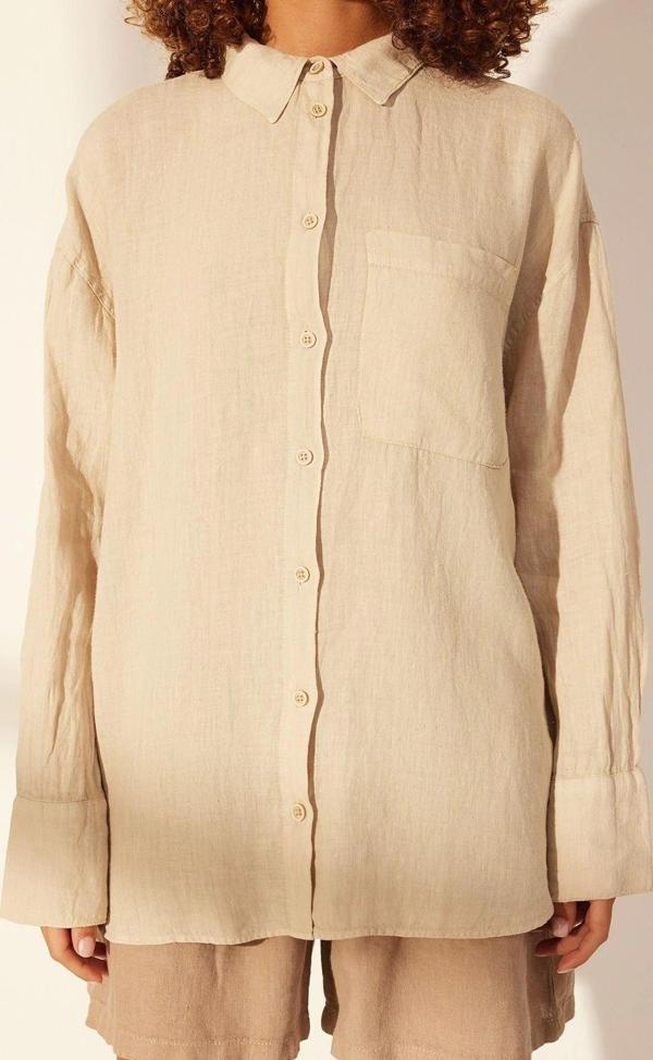 Moda Kadın Gömlek Yaka Düz Desen Günlük %100 Keten Oversize Gömlek - Image 1