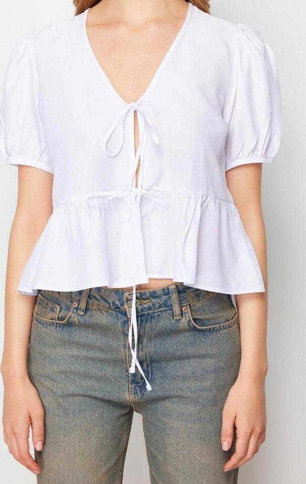 Moda Kadın V Yaka Düz Desen Günlük Önden Bağlama Detaylı Regular Normal Kalıp Dokuma Gömlek - Image 1