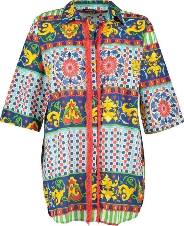 Moda Kadın Büyük Beden Gömlek Yaka Etnik Desen Plaj Giyim Etnik Desenli Dokuma Plaj Giyim Gömlek - Image 1