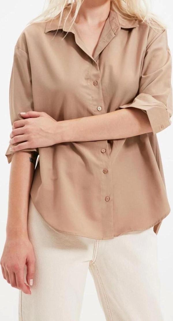 Moda Kadın Gömlek Yaka Düz Desen Günlük Loose Fit Dokuma Gömlek - Image 1