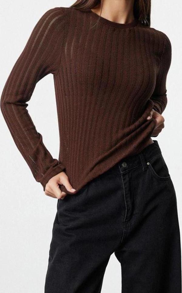 Stil Kadın Transparan Triko Görünümlü Kumaş Boy Bluz Regular Örme Regular Kalıp - Image 1