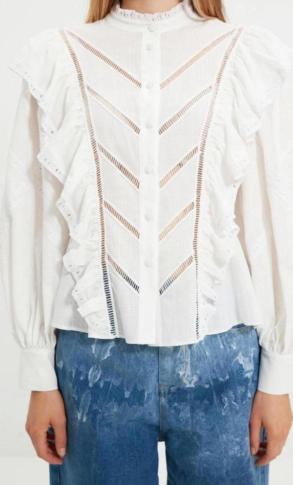 Moda Kadın Dik Yaka Düz Desen Party Aksesuarlı Dokuma Gömlek - Image 1