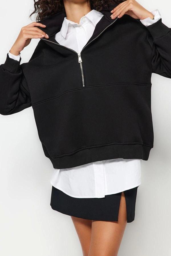 Oversize Dik Yaka Standart Geniş Kalıp Yarım Fermuarlı Kalın Polarlı Örme Sweatshirt - Image 1