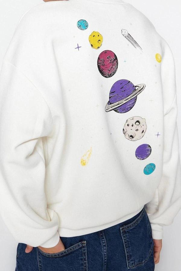 Regular Bisiklet Yaka Düşük Kol Regular Kalın İçi Polarlı Baskılı Normal Kalıp Örme Sweatshirt - Image 1