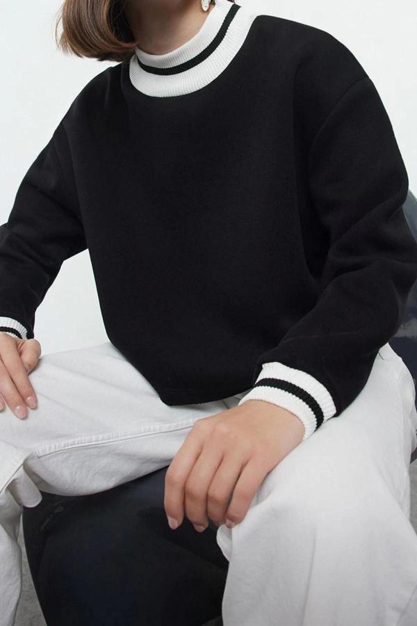 Bisiklet Yaka Düşük Kol Crop Rahat Kalıp Triko Yakalı İçi Polarlı Kalın Örme Sweatshirt - Image 1