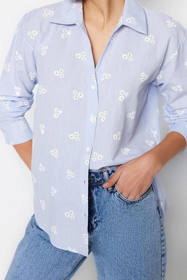 Moda Kadın Çiçekli Desen Günlük Çizgili Çiçek Desenli Pamuklu Oversize Geniş Kalıpl Dokuma Gömlek - Image 1