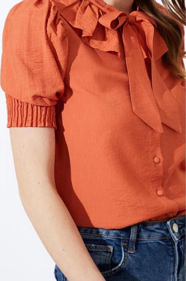 Moda Kadın Gömlek Yaka Resmi Yaka Bağlama Detaylı Kısa Kollu Regular Normal Kalıp Dokuma Gömlek - Image 1