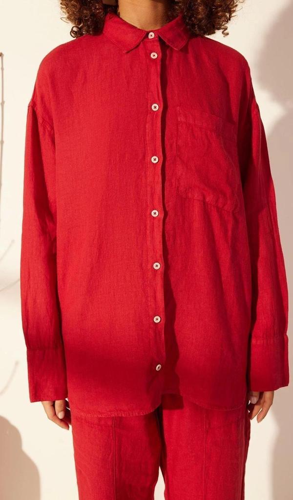 Moda Kadın Gömlek Yaka Düz Desen Günlük %100 Keten Oversize Gömlek - Image 1