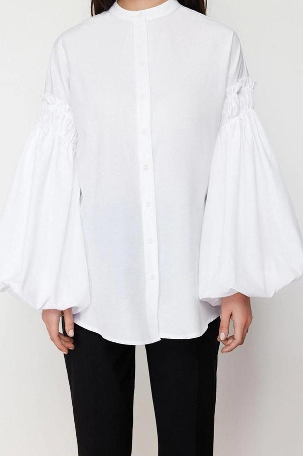 Moda Kadın Tesettür Hakim Yaka Düz Desen Günlük Balon Kollu Pamuklu Dokuma Gömlek - Image 1