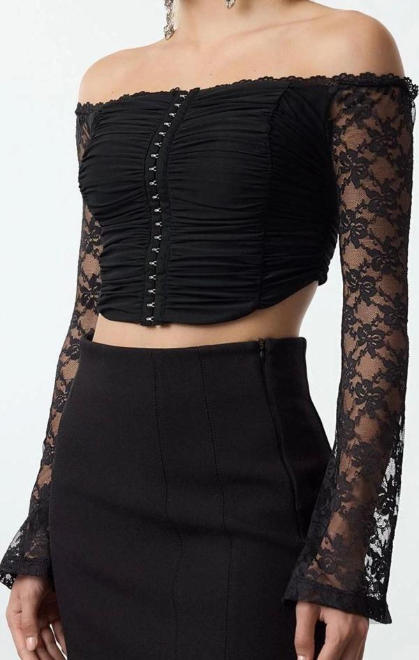 Stil Kadın Agraflı Dantel Bluz Crop Örme Fitted Kalıp - Image 1