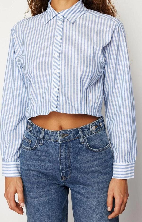 Moda Kadın Gömlek Yaka Çizgili Günlük Çizgili Düşük Kol Crop Regular Normal Kalıp Dokuma Gömlek - Image 1