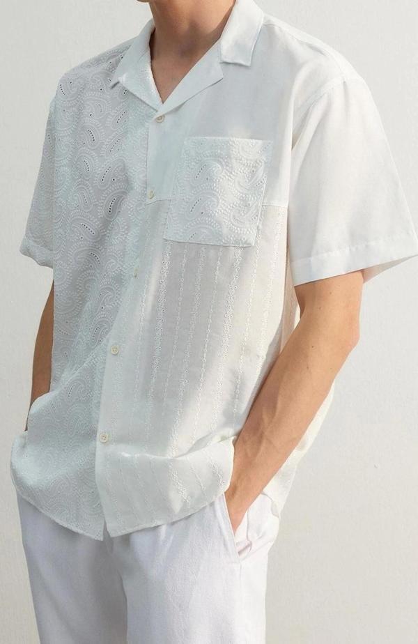 Moda Erkek Apaş Yaka Geometrik Desen Şık Gece Limited Edition Oversize Brode Bloklu Yazlık Gömlek - Image 1
