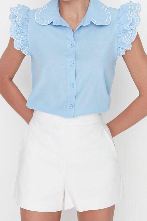 Moda Kadın Bebe Yaka Düz Desen Günlük Omuz Ve Yaka Nakış Detaylı Dokuma Gömlek - Image 1