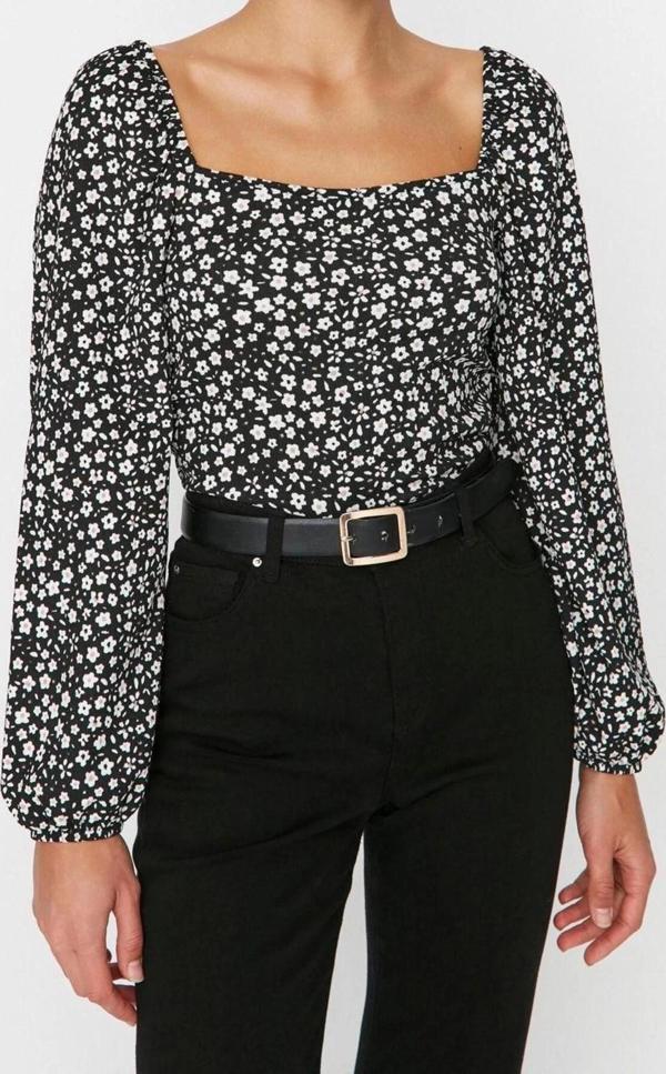 Stil Kadın Çiçek Desenli Fitted Vücuda Oturan Bürümcük Dokulu Bluz Crop Örme Regular Kalıp Balon Kol - Image 1