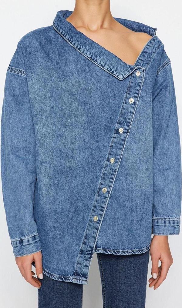 Moda Kadın Gömlek Yaka Düz Desen Günlük Asimetrik Yaka Detaylı Denim Gömlek - Image 1