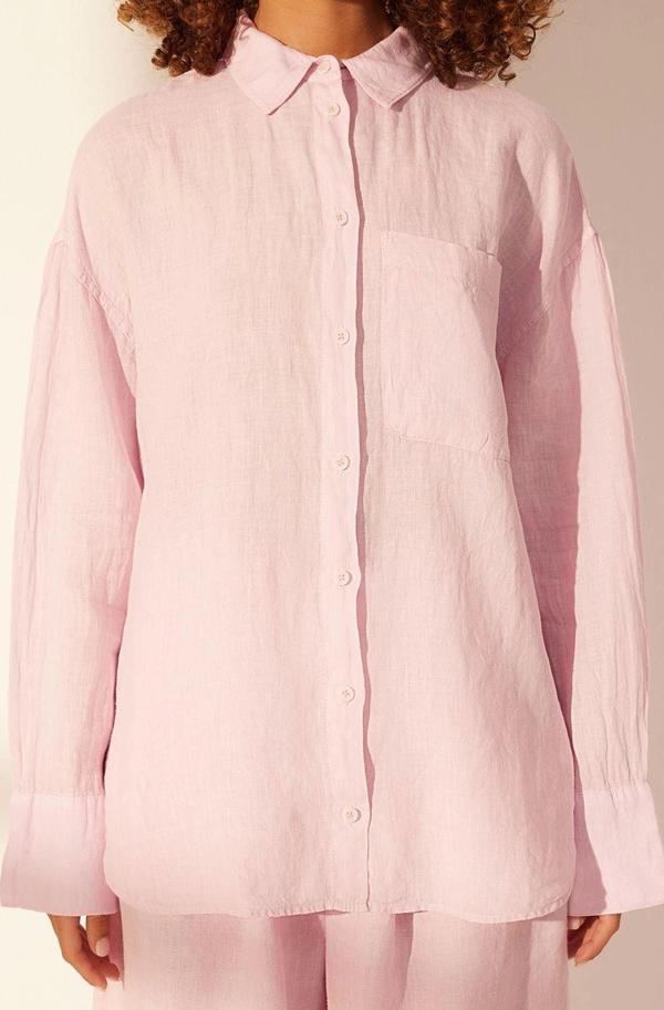 Moda Kadın Gömlek Yaka Düz Desen Günlük %100 Keten Oversize Gömlek - Image 1