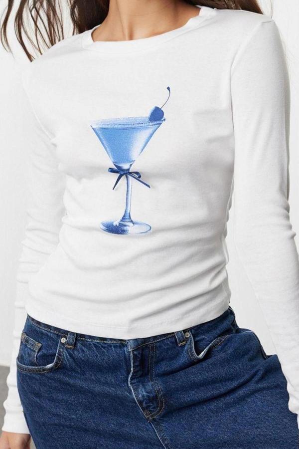 Stil Kadın Baskı ve Fiyonk Detaylı Fitted Vücuda Oturan Bluz Regular Örme Slim Kalıp - Image 1