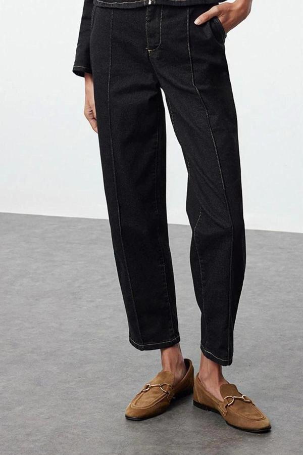 Stil Kadın Moda Denim Kot Pantolon Regular Boru Paça Nervürlü Yüksek Bel Havuç Jeans - Image 1
