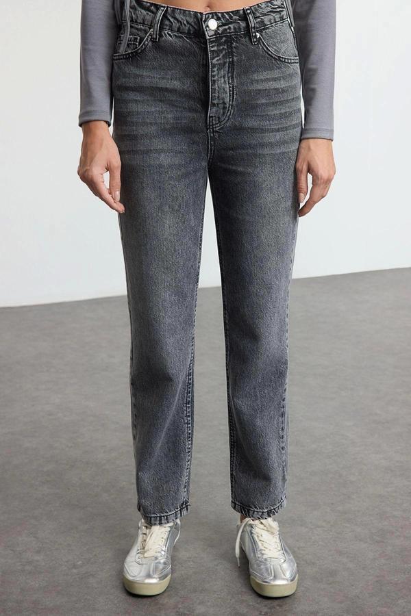 Stil Kadın Moda Denim Kot Pantolon Uzun Geniş Paça Antrasit Yüksek Bel Straight Jeans - Image 1
