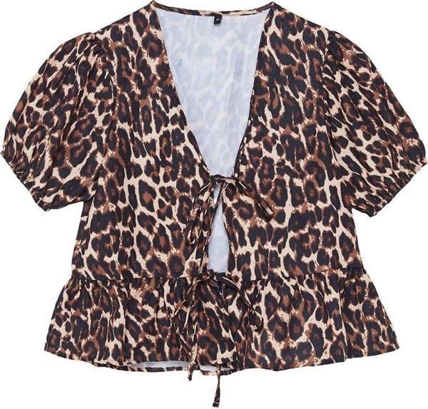 Moda Kadın V Yaka Animal Desen Günlük Leopar Desenli Bağlamalı Çif Taraflı Dokuma Gömlek - Image 1