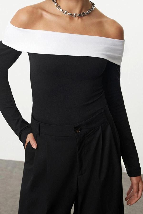 Stil Kadın -Beyaz Pamuklu Kısa Bluz Crop Örme Slim Kalıp Düşük Kol - Image 1