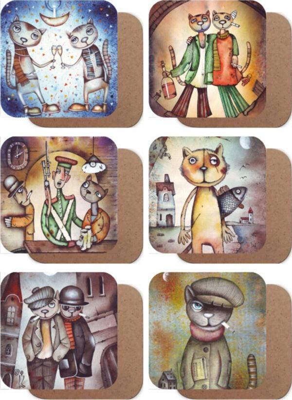 Ayyaş Kediler Illustrasyon 6lı Ahşap Bardak Altlığı Seti - Image 1