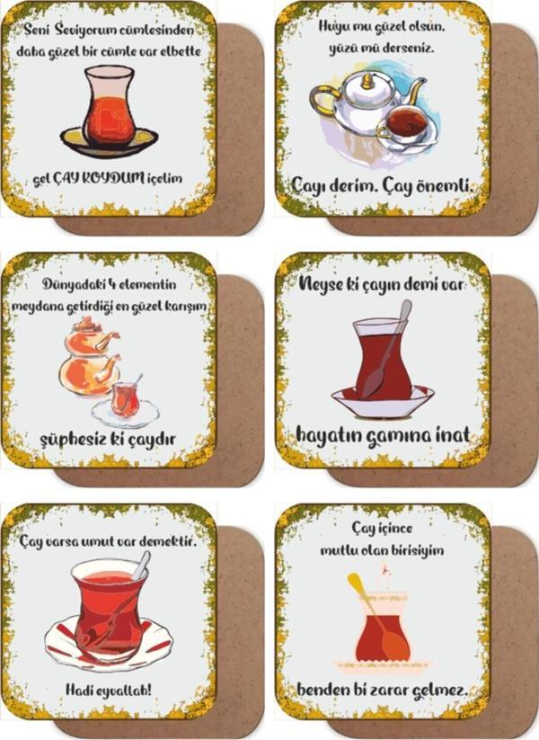 Çayla Ilgili Güzel Sözler Temalı 6lı Ahşap Bardak Altlığı Seti - Image 1